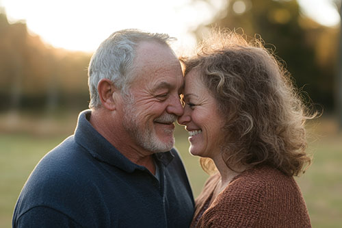 Mature couple gazing into each others eyes outdoors