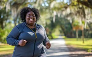 Overweight African American woman smiling while exercising in a park