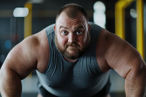 Overweight man with low testosterone doing pushups at the gym