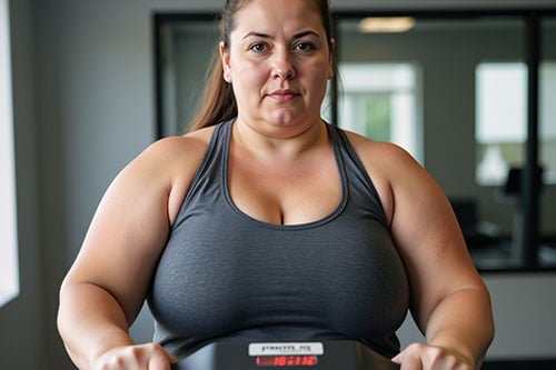 Woman struggling with hormonal imbalance on the treadmill at the gym